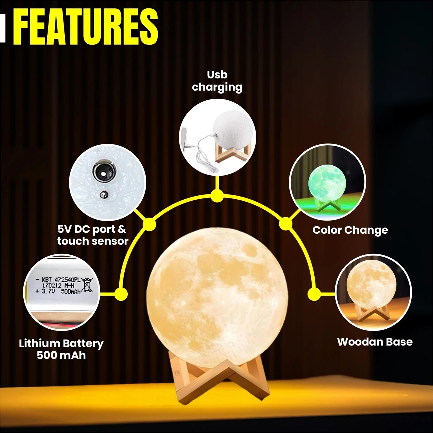 Moon Lamp LED Night Light - 8cm Battery Powered