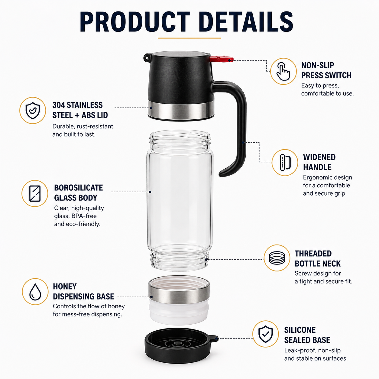 No-Drip Glass Honey & Syrup Dispenser