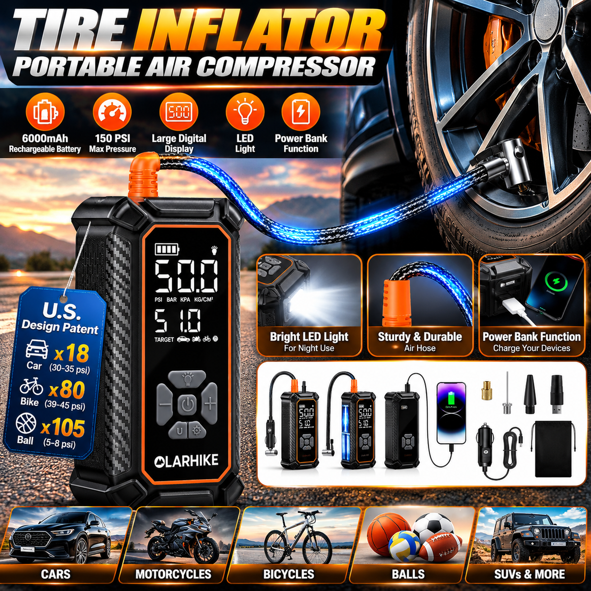 Tire Inflator Portable Air Compressor, Dual Power 6000mAh &12V DC