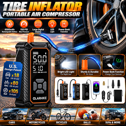 Tire Inflator Portable Air Compressor, Dual Power 6000mAh &12V DC