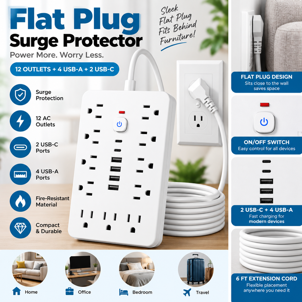 Flat Plug Surge Protector Power Strip