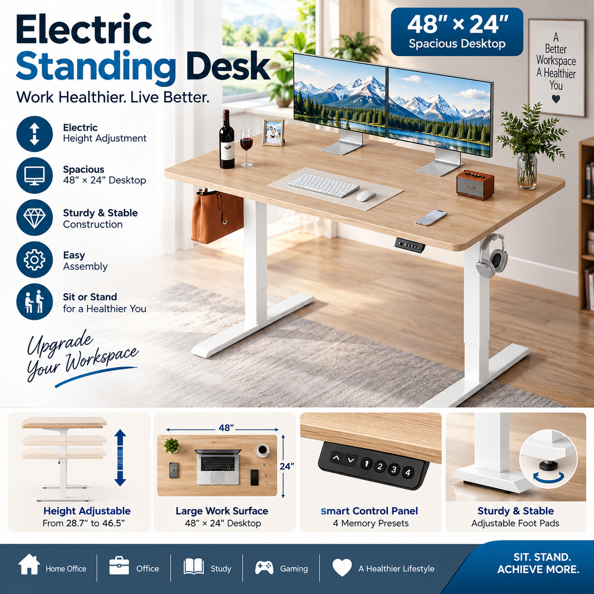 Standing Desk 48 × 24 Inch Electric Height Adjustable