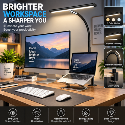 LED Desk Lamp with Clamp, 17" Stepless Dimming Light