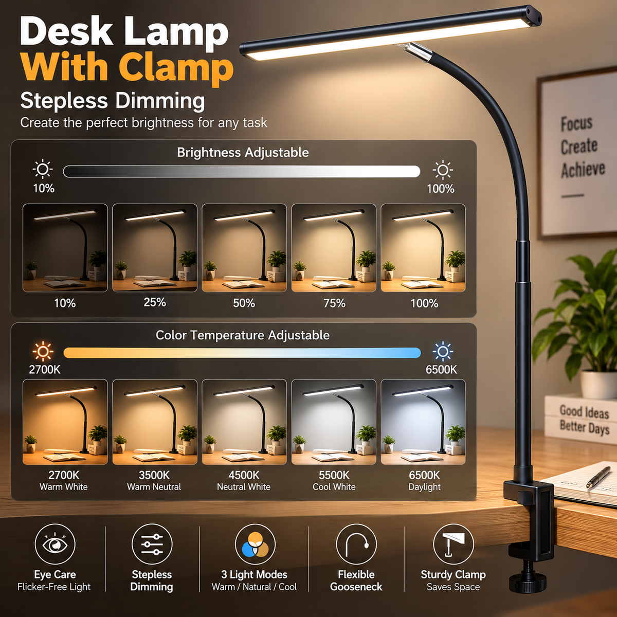 LED Desk Lamp with Clamp, 17" Stepless Dimming Light