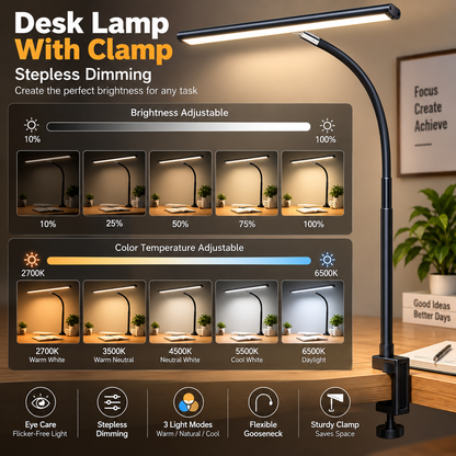 LED Desk Lamp with Clamp, 17" Stepless Dimming Light