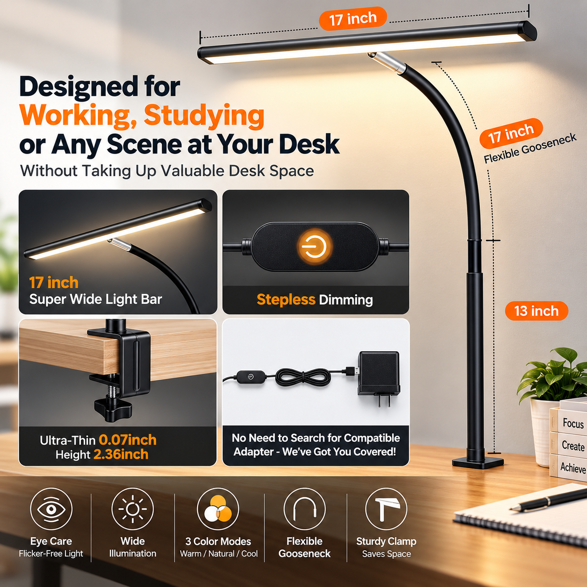 LED Desk Lamp with Clamp, 17" Stepless Dimming Light