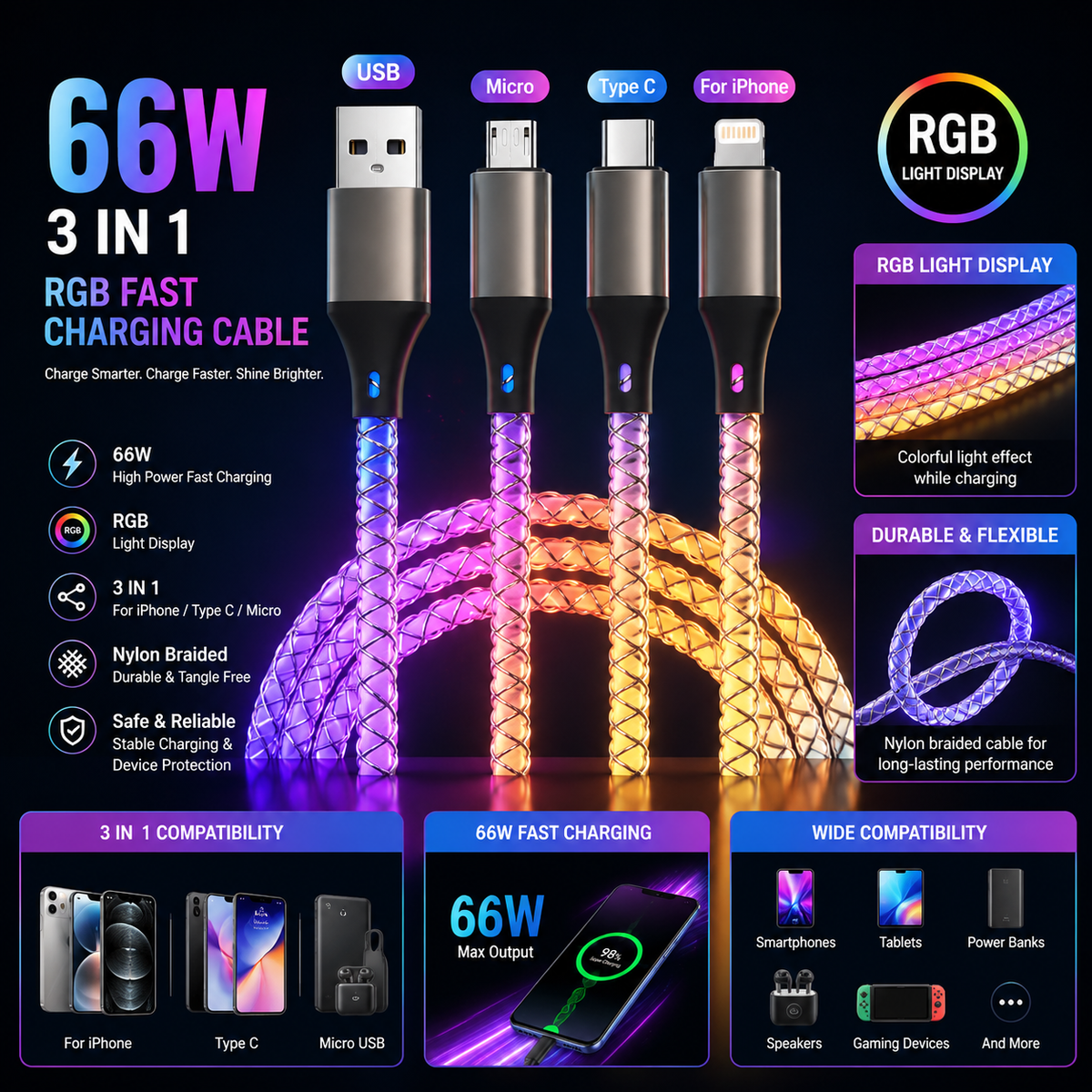RGB Type C Cable - 3-in-1 66W 6A