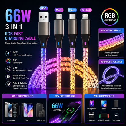 RGB Type C Cable - 3-in-1 66W 6A