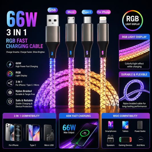 RGB Type C Cable - 3-in-1 66W 6A