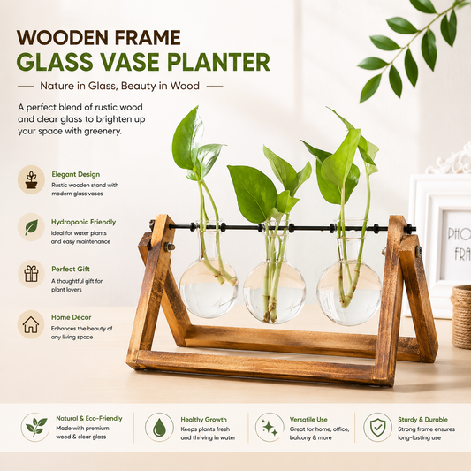 Glass and Wood Vase Planter Table Desktop