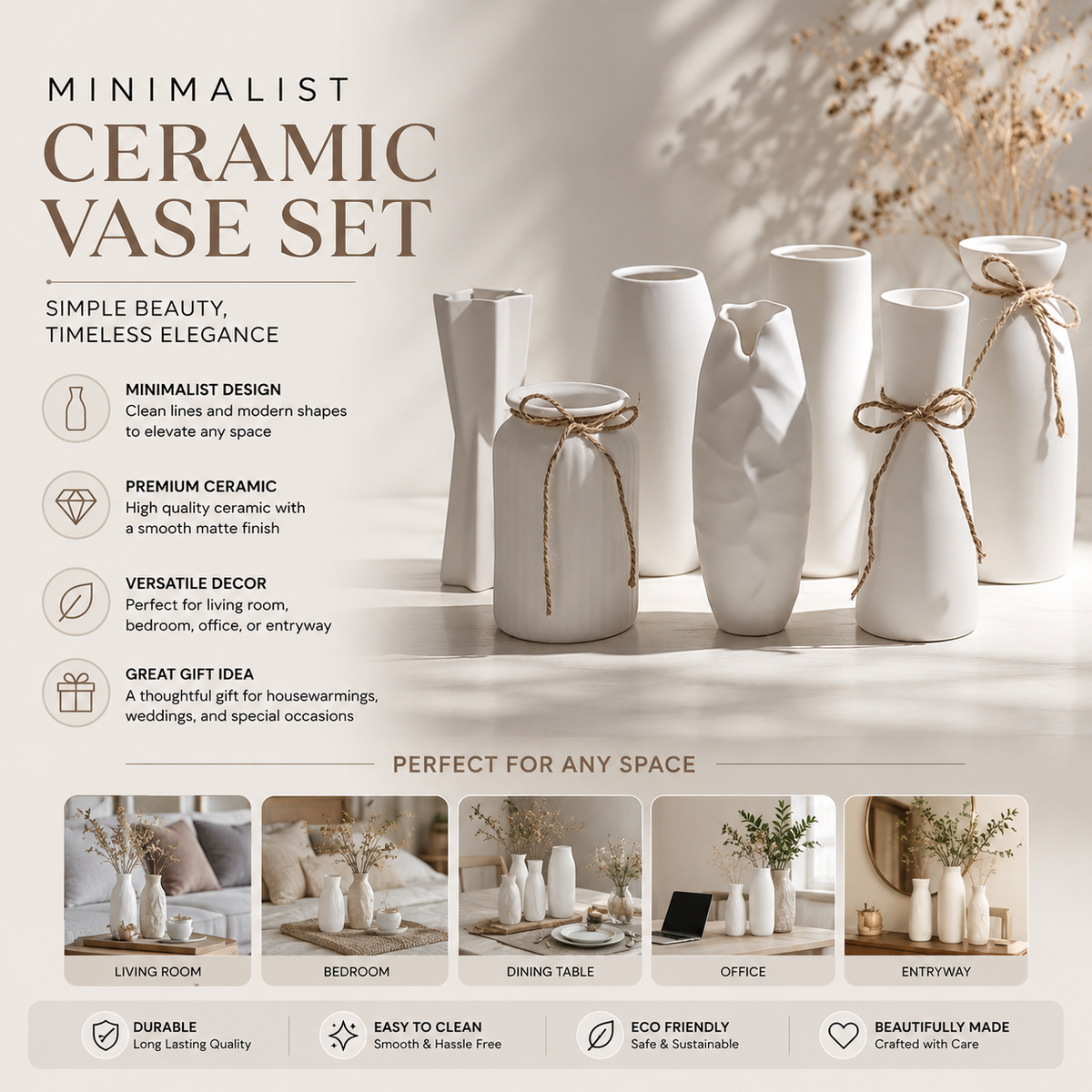 Modern Minimalist White Hemp Rope Ceramic Vase