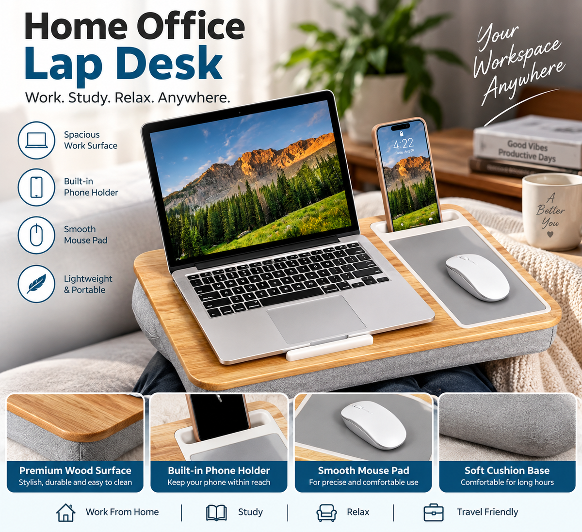 Home Office Lap Desk – Fits 15.6” Laptops