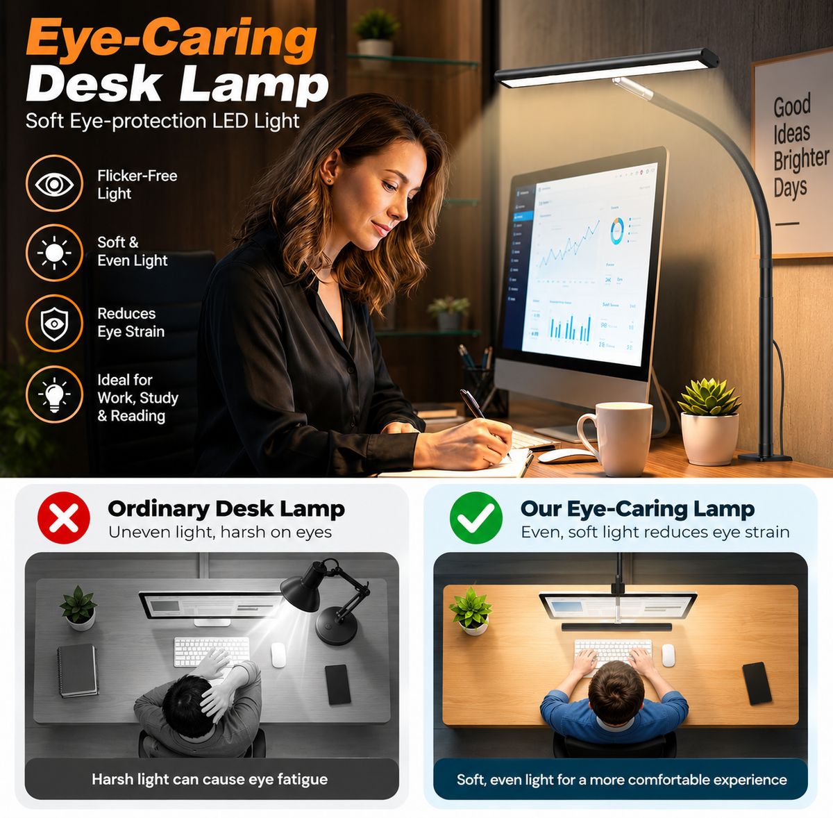 LED Desk Lamp with Clamp, 17" Stepless Dimming Light