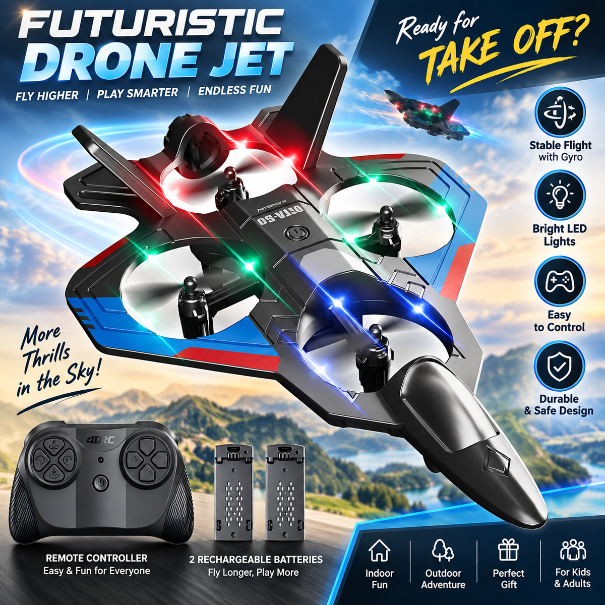 Futuristic Drone Jet with Remote Control & LED Lights